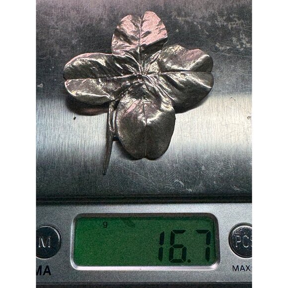 Estate Sterling Silver 925 Four Leaf Clover Brooch Pin, 16.7g, Hallmarked - Picture 9 of 9
